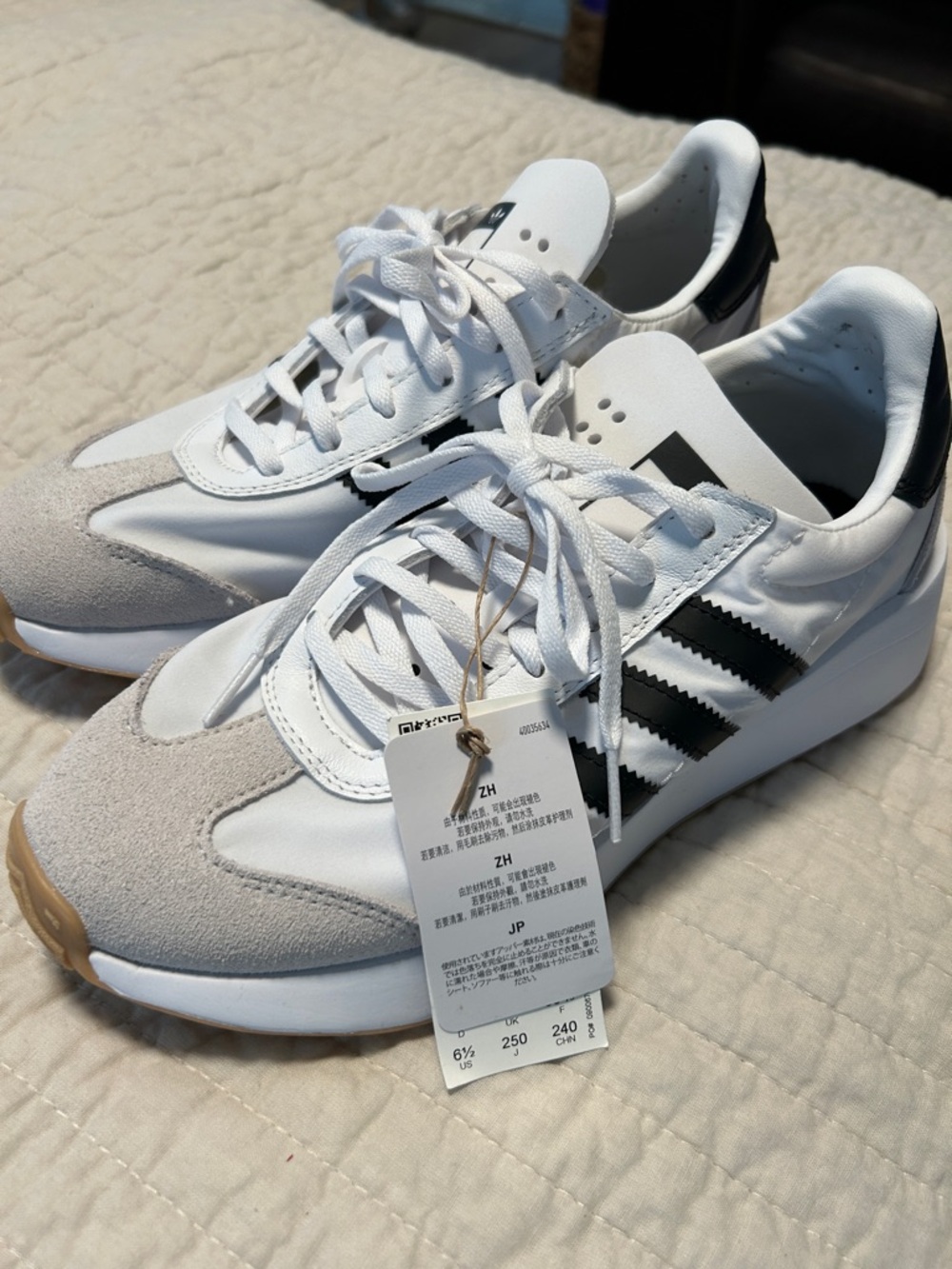 adidas White Sneakers with Black Stripes and Gray Suede Toe